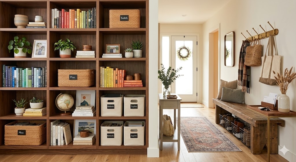 A neatly organized bookshelf and entryway displaying effective home organization methods