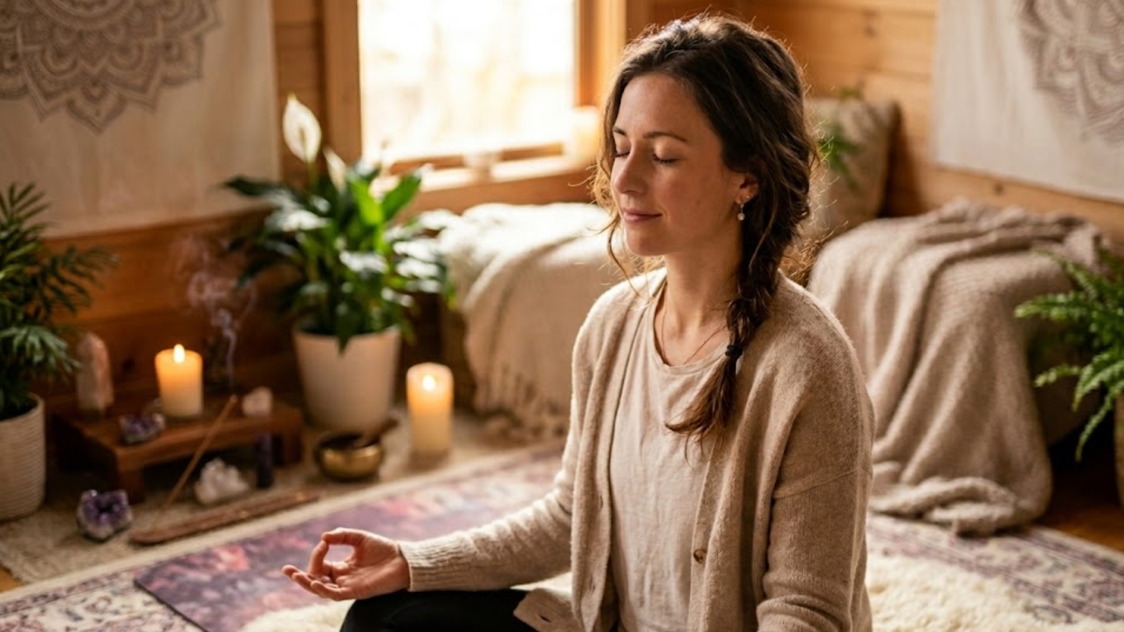 A close up of a person practicing deep breathing during a mindfulness exercise for mental clarity.