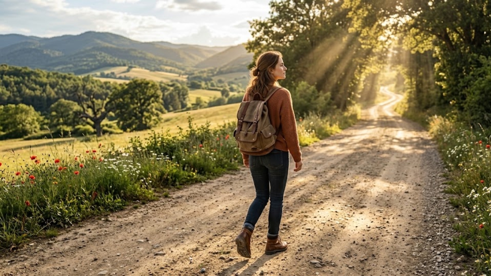 Footsteps walking on an open path towards sunlight representing positive behavior change and self acceptance.